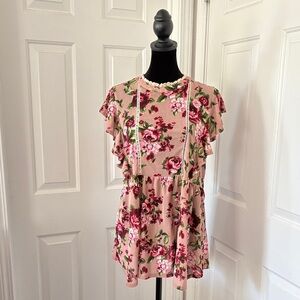 Ivy Rose Blush Floral Babydoll Blouse with Crochet Detailing.